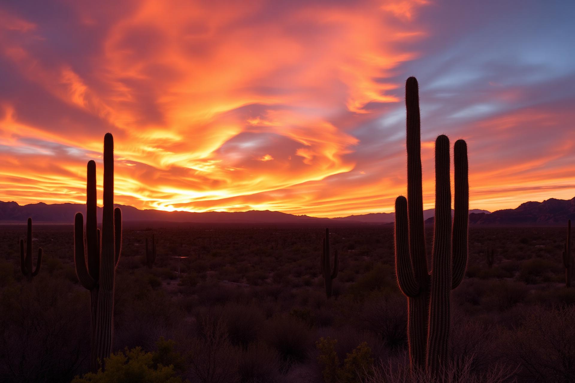 Desierto de Arizona al atardecer con saguaros